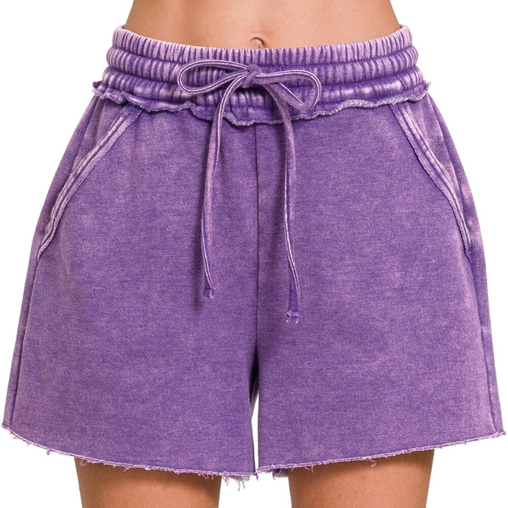 NWT Ladies Violet Purple Acid Wash Fleece Drawstring Shorts with Pockets Small